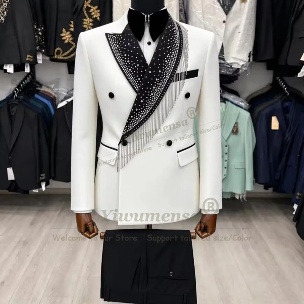 Asymmetrical Lapel Suits Men For Wedding Sparkly Beaded Double Breasted Groom Tuxedo Attire Customized 2 Pieces SetsRopa Hombre