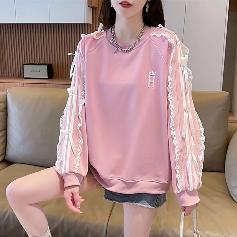 

Sweet O-Neck Embroidery Spliced Bow Lace T-Shirts Female Clothing 2024 Autumn Winter New Loose Casual Tops KoreanTee Shirt