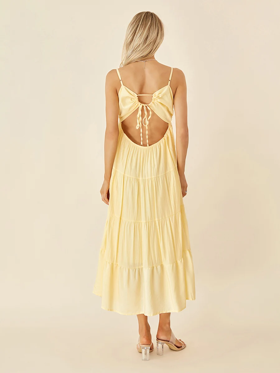 Women Summer Boho Long Dress Solid Color Low Cut Spaghetti Strap Backless Tie Up Cutout A-line Cami Dress for Beach Party Club