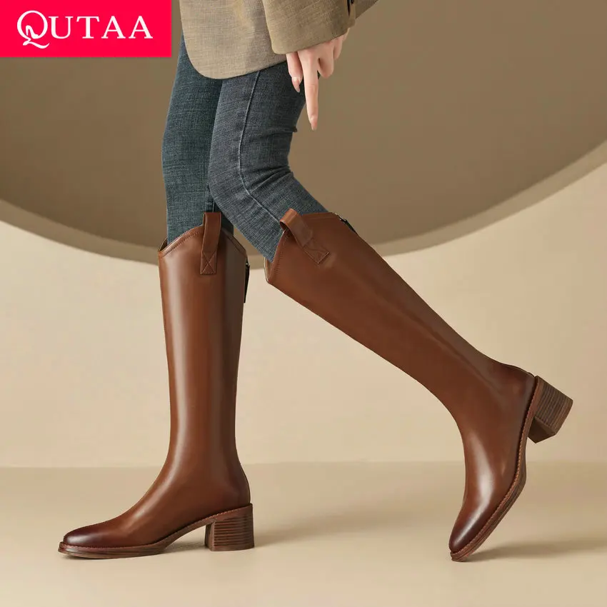 

QUTAA 2024 Elegant Women Knee-High Boots Motorcycle Zipper Square Med Heels Genuine Leather Shoes Woman Size 34-39