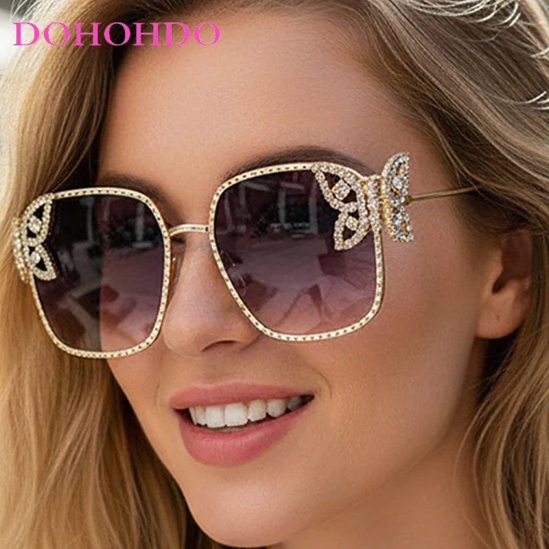 

Trendy Oversized Square Sunglasses Women New Designer Rhinestone Butterfly Metal Frame Sunglasses Travel Shades Eyeglasses UV400