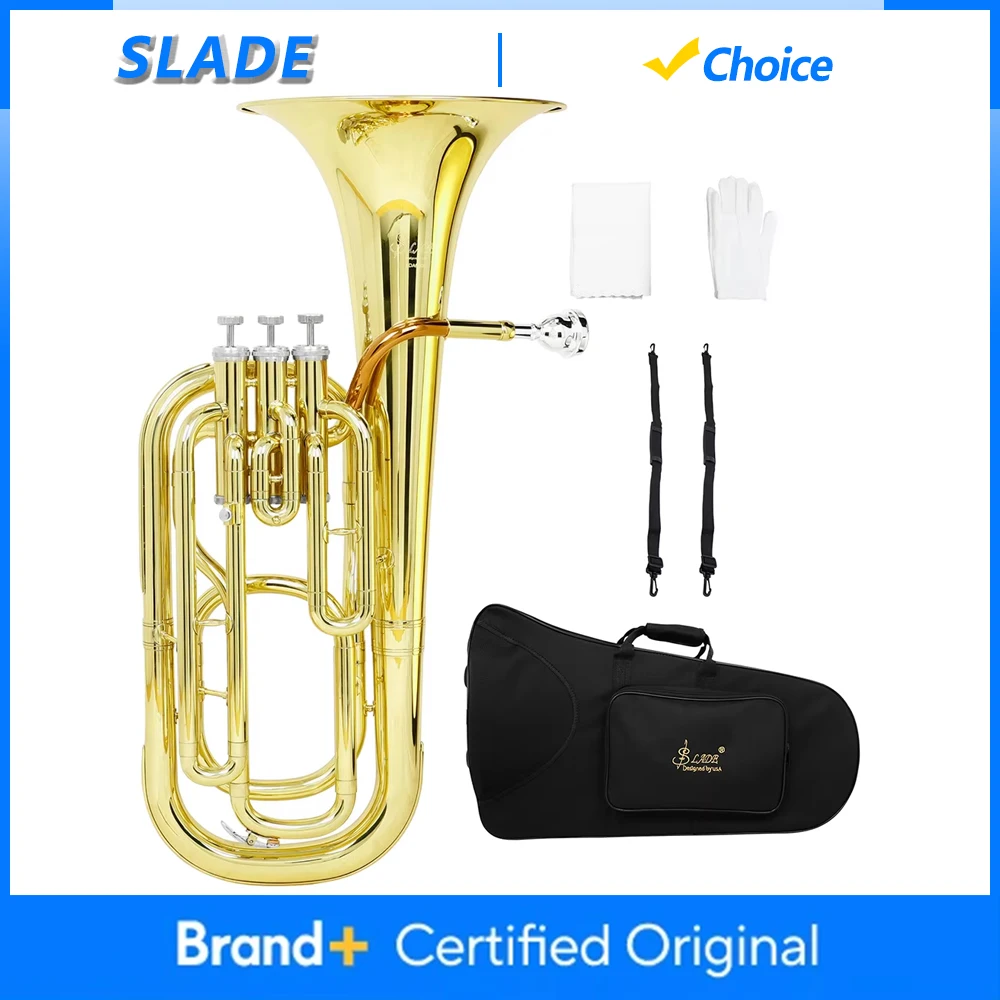 

Эуфониум SLADE с 3 клапанами, тенор-горн с вертикальными клапанами, баритон-горн с золотым лаковым покрытием, с кейсом, перчатками, салфеткой для чистки, духовой инструмент