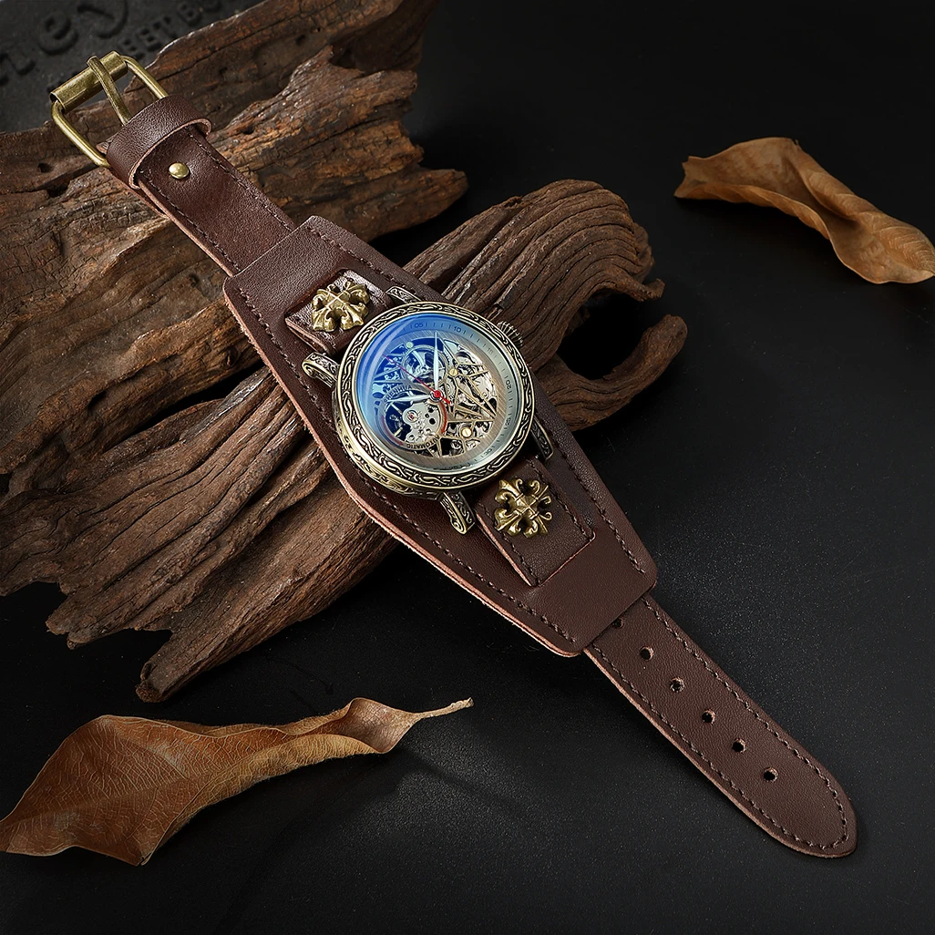 SHENHUA New Hollow-out Automatic Mechanical Watch Steampunk Rock Style Men Watch Blue Glass Luminous Waterproof Watches