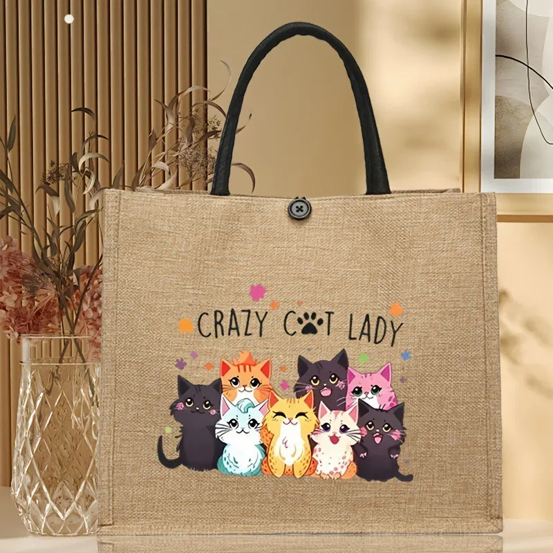 Crazy Cat Lady Multi Color Cats Print Linen Tote Bag Reusable Shopping Bag Portable Grocery Storage Shoulder Handbag