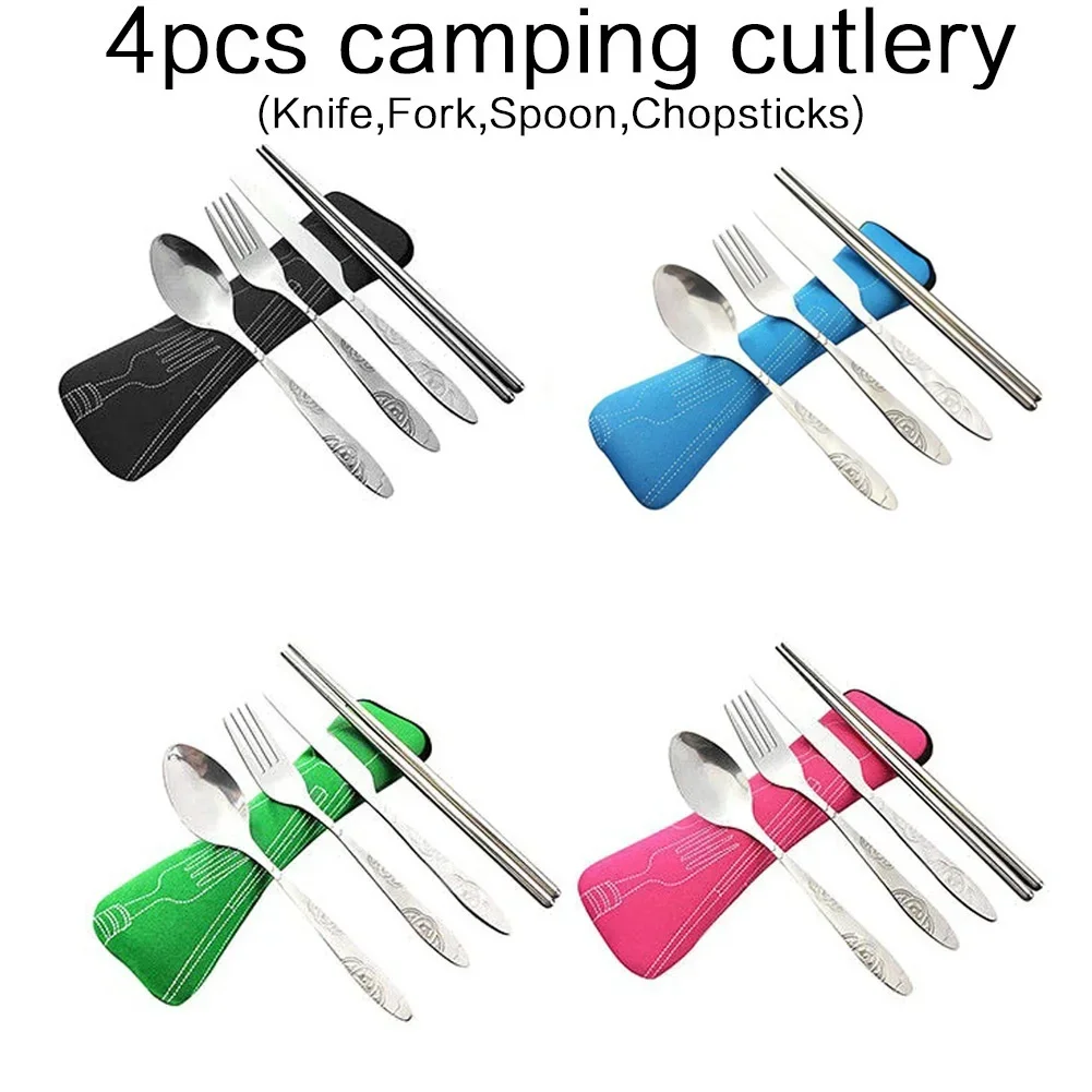 1 Set Portable Stainless Steel Printed Knife, Fork, Chopsticks and Spoon Set Flatware Set Student Portable Cutlery