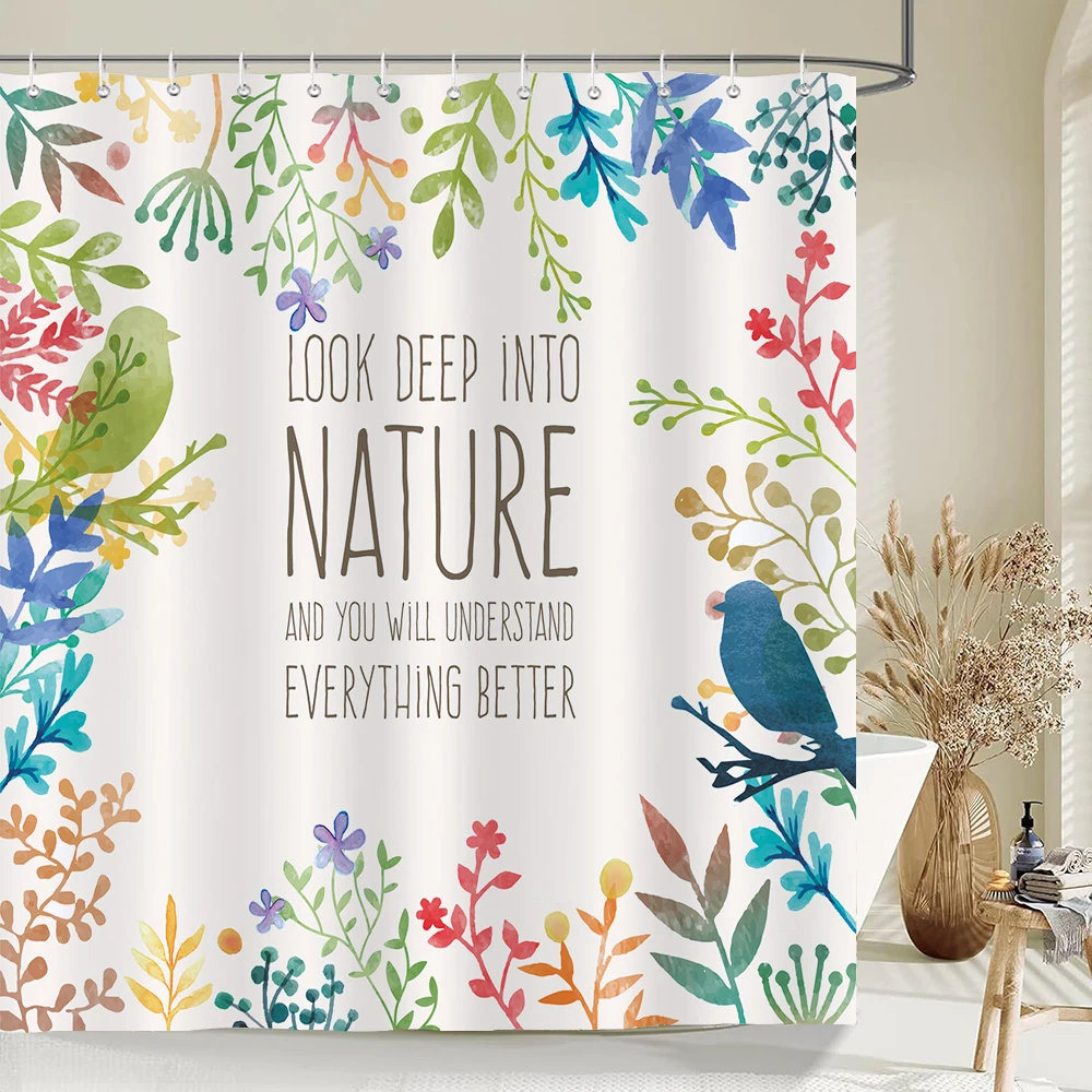 Plants and Floral Shower Curtain, Texture Fabric Bathroom Decor Watercolor Flowers and Plants Shower Curtians with Hooks