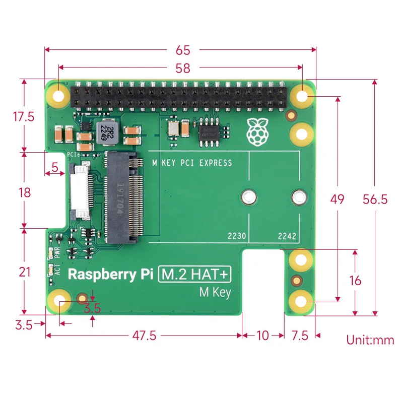 Official Raspberry Pi 5 M.2 HAT+ Gen2 Gen3 NVME M.2 SSD 2230/2242 Size M Key PCI Express GPIO Expansion Board for RPI5 Pi5