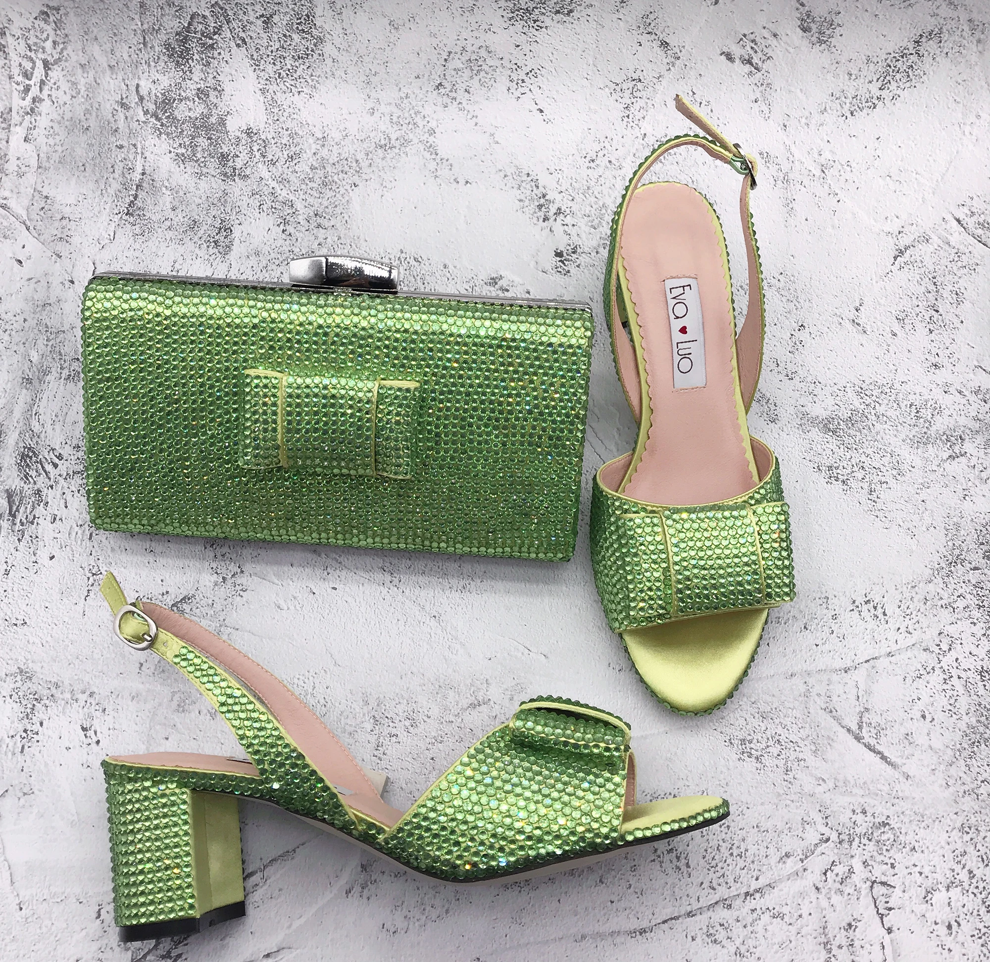 

BS1508 Customizable Various Heel Dress Sandal Women Shoes Mint Green Crystal Shoes And Handbag Set For Women