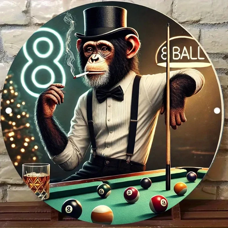 Round Aluminum Sign Featuring Billiards and Pool Table Design - Perfect for Billiard Rooms, Game Rooms, and Bar Decorations - the Perfect Gift for Billiard Enthusiasts