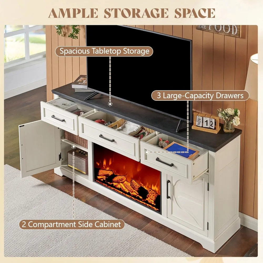70 Suporte de TV com lareira de fazenda, mesa de centro de entretenimento com lareira elétrica de 30 '', console de TV