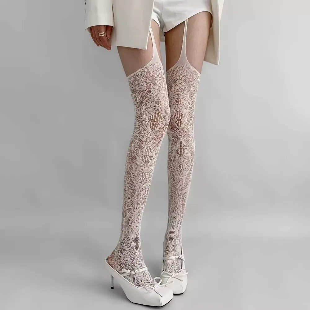Retro Spitzenblumen Overknee-Strümpfe Ausgehöhlte Nylon-Strapsstrümpfe Transparente Netzstrumpfhose Nachtclub