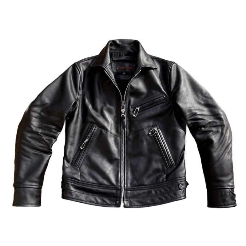 

Black Autumn Leather Jacket Men Retro Japan Style Plus Size 5XL Genuine Natural Cowhide Turn-Down Collar Slim Fit Short Coat