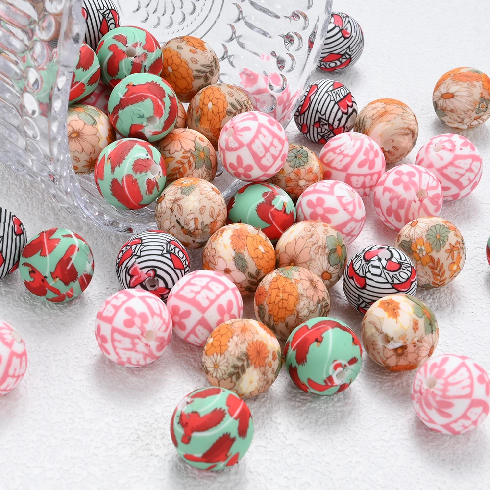 10 шт. 15 мм силиконовые круглые бусины с цветочным принтом для матери и птицы для DIY ожерелья ручной работы, браслеты, изготовление цепочек для соски