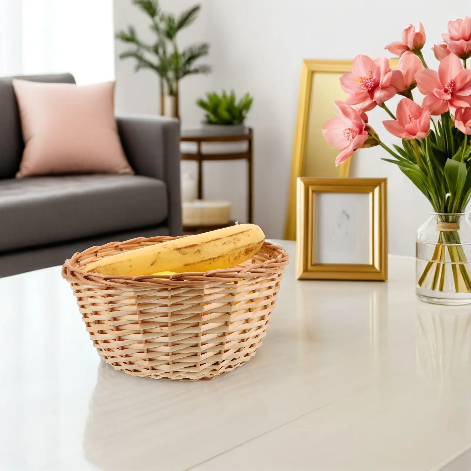 Handcrafted Round Wicker Basket 8 Inch Natural Rattan Kitchen Organizer Pantry Fruit Bread Storage Tray Garlic Ginger Holder