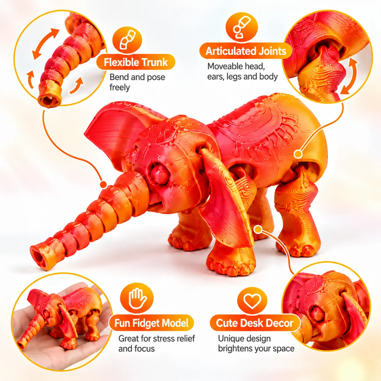 Articulated Elephant Fidget, 3D Printed Flexible Trunk & Movable Joints, Stress Relief Desk Decor, Christmas Gift