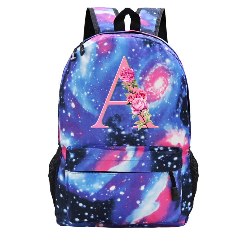 Starry Sky Fashion Students Backpack Pink Flower English Alphabet School Bags for Teenage Girls Galaxy Laptop Shouder Backpack