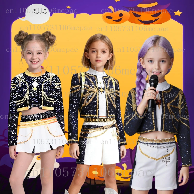 

Movie K-Pop Rumi Demon Hunters Rumi Cosplay Costume Girl Halloween Black Coat White Vest and Shorts Three-piece Set Dress Up