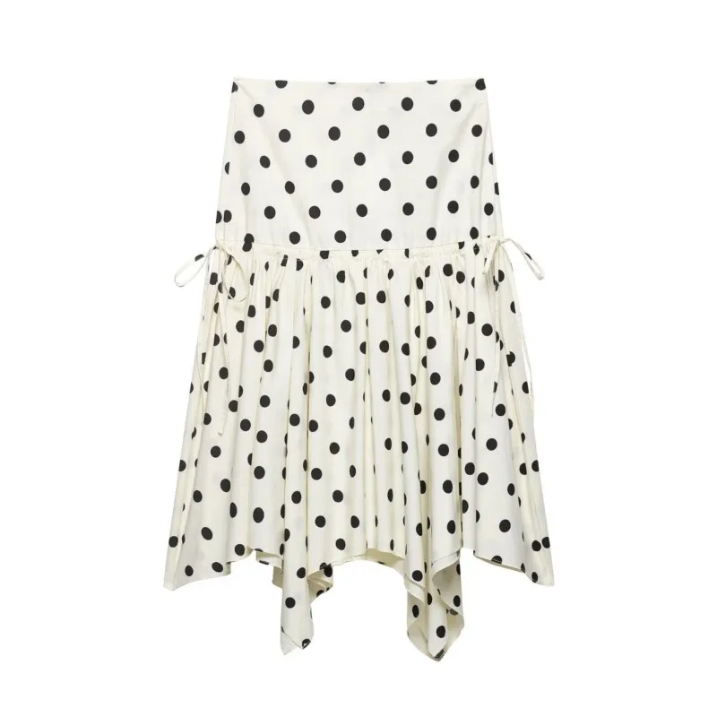 

Женская юбка миди в горошек, весенне-летняя модная юбка с асимметричным подолом и шнуровкой, повседневная женская юбка с завышенной талией