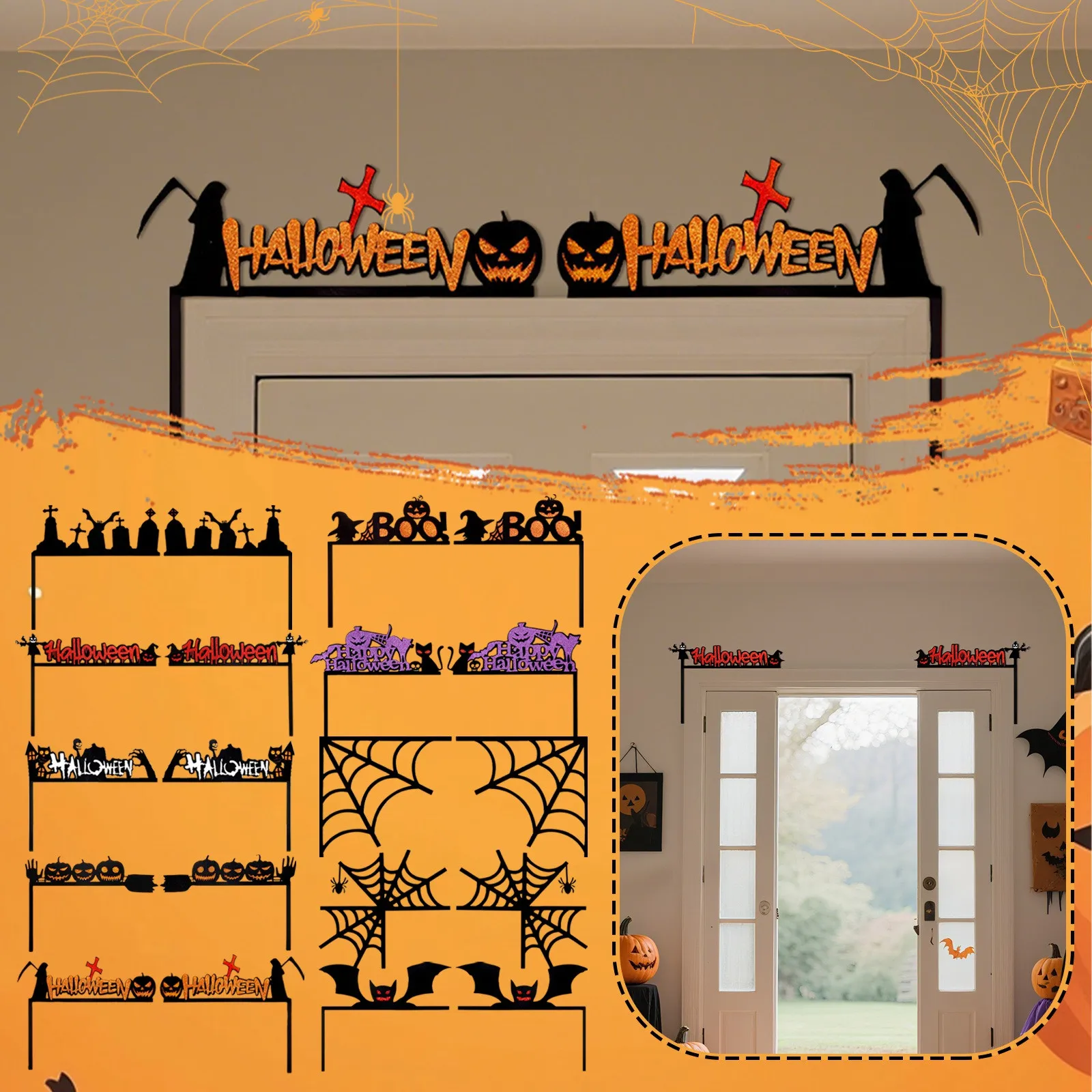ديكور إطار باب الهالوين، الخفافيش، القرع، شبكات العنكبوت، لافتة زاوية الباب والنافذة، ديكور المنزل للهالوين، ملصقات الزاوية #2
