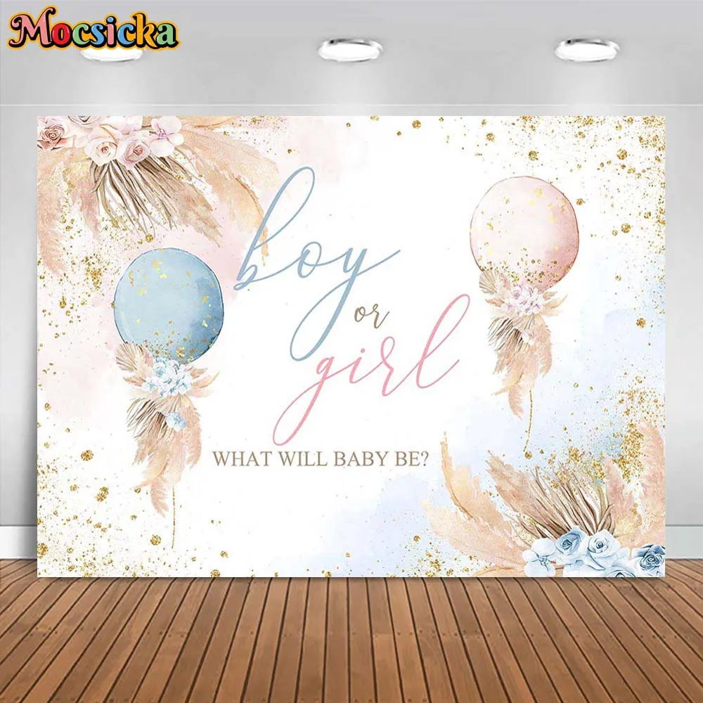 

Mocsicka Bohemian Gender Reveal Backdrop Boho Blue and Pink Balloon Boy or Girl Gender Reveal Party Decor Background Photo Shoot