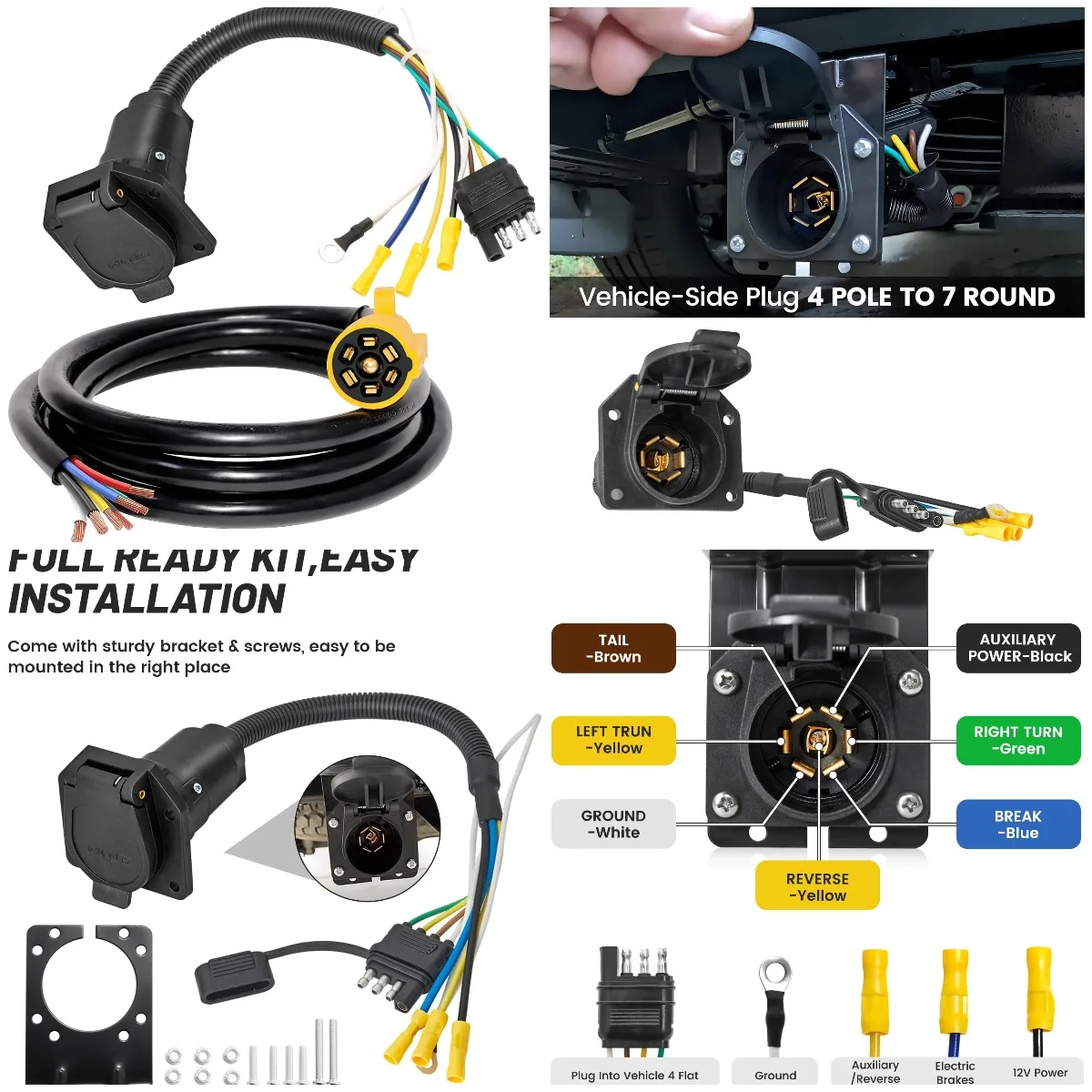 

7-Way Trailer Plug Cord 8FT, 4-Way Flat to 7-Way Round RV Adapter with Double Prongs, UL Listed