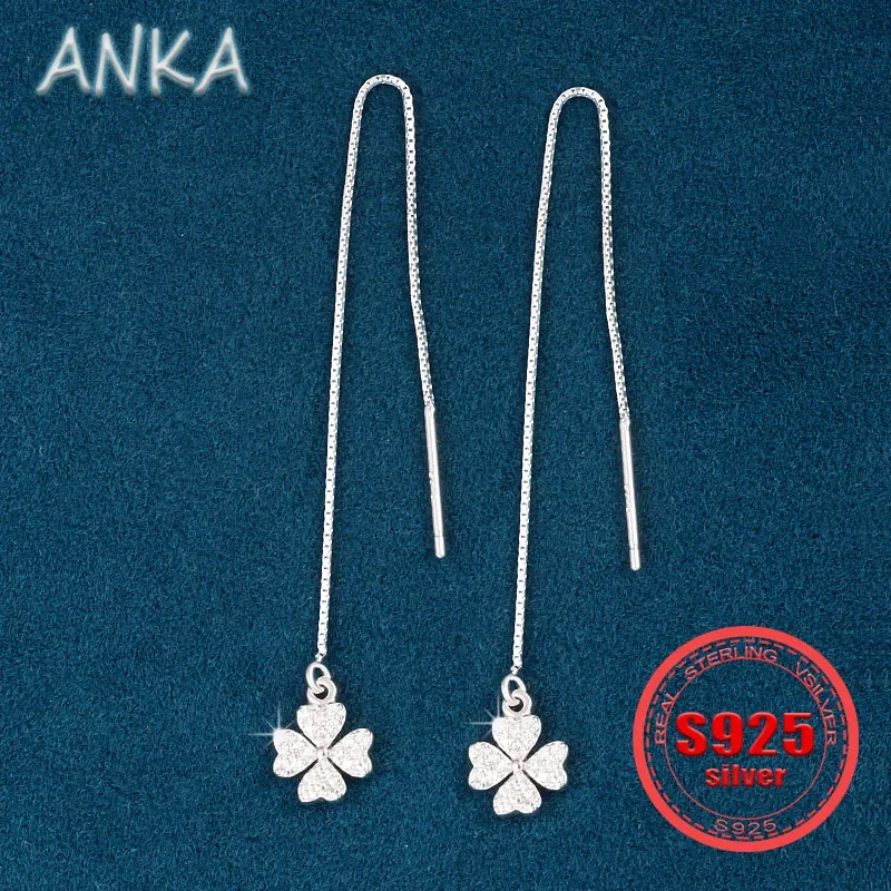 

S925 sterling silver four-leaf clover ear wires simple niche temperament tassel senior sense of long women's ear jewelry