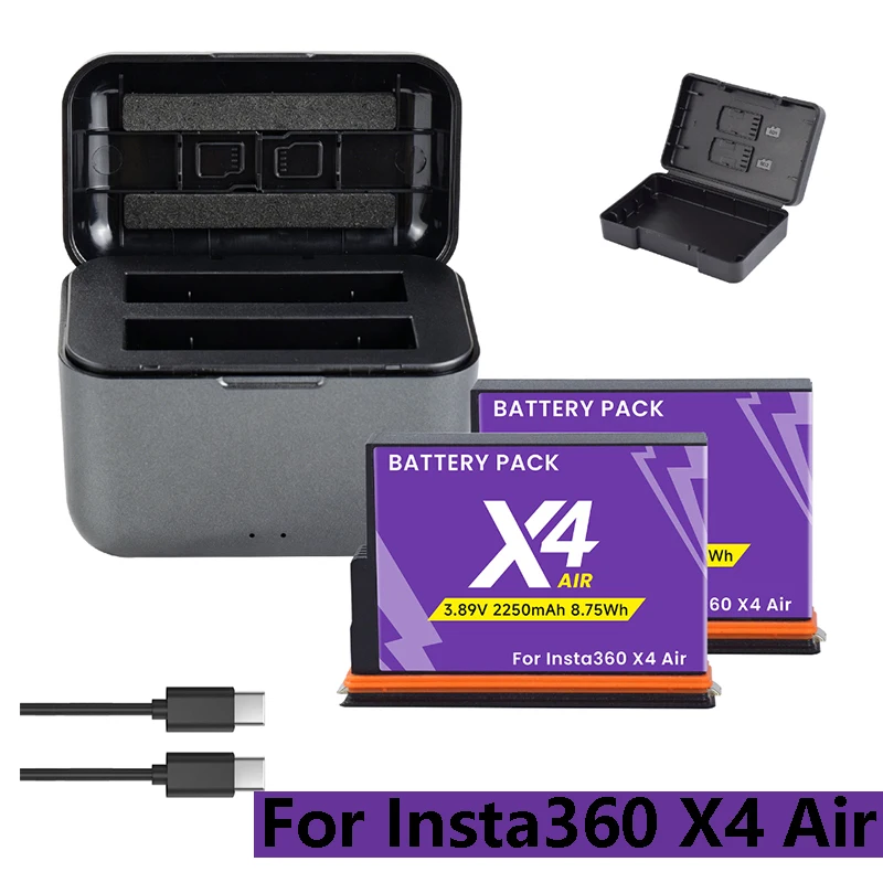 PLAO 2250-mAh-Akku mit hoher Kapazität für Insta360 X4 Air + Schnellladeetui und Aufbewahrungsbox für Insta 360 X4 Air-Zubehör.