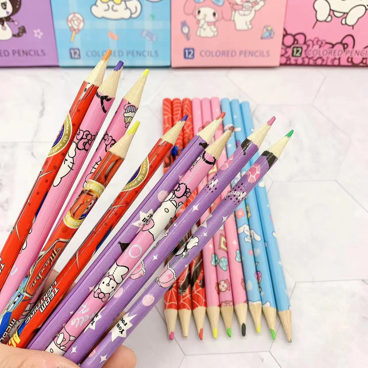 12Pcs Sanrio Kuromi Wood Colored Pencil Kawaii Anime Cartoon Hand Drawing Pencils For School Office Artist Painting Fine Arts