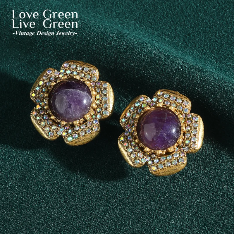 

Vintage Rhinestone Flower Earrings For Woman Purple Natural Stone Glaze Five Leaf Glass Valentine Day Gift Wedding Accessories