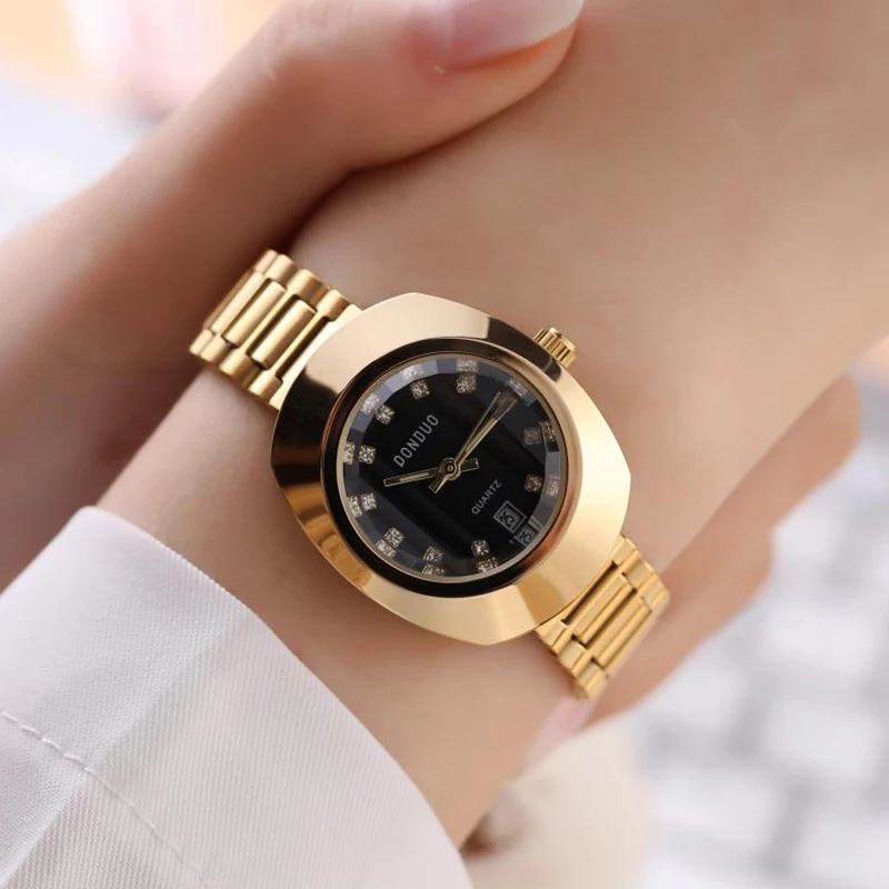 Luxury Couple Men Women Quartz Watch Gold Black Diamond Inlay Reloj Business Man Wristwatch Male Ladies Clock Hombre Masculino