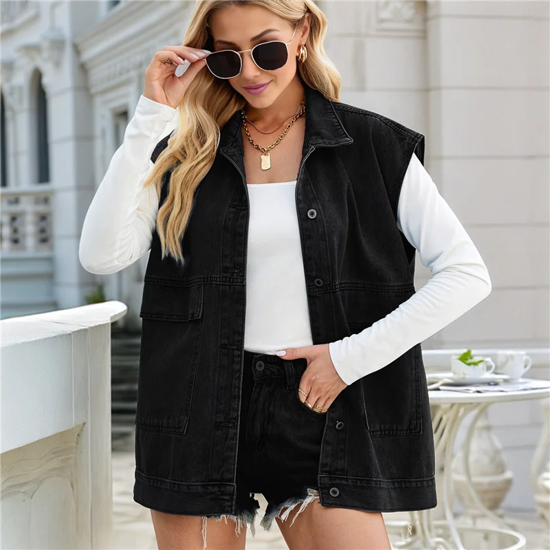 

A83F-Women's Sleeveless Denim Vest With Removable Hoodie