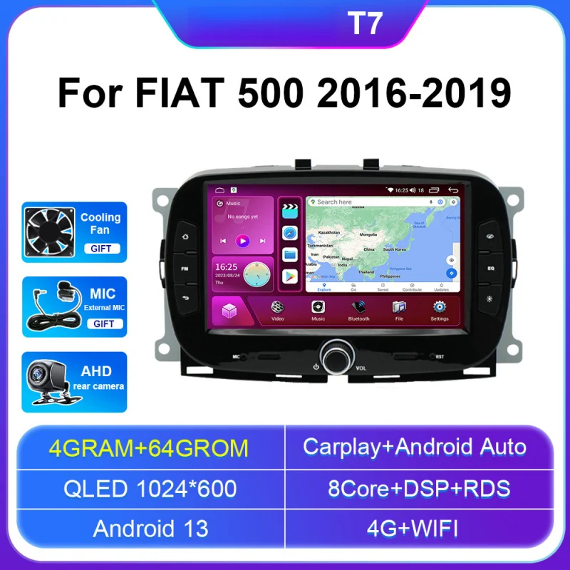 

For FIAT 500 2016-2019 Car Multimedia Player Android Car Player GPS WIFI Carplay 4G Car Radio Navigation Stereo Car Electronic