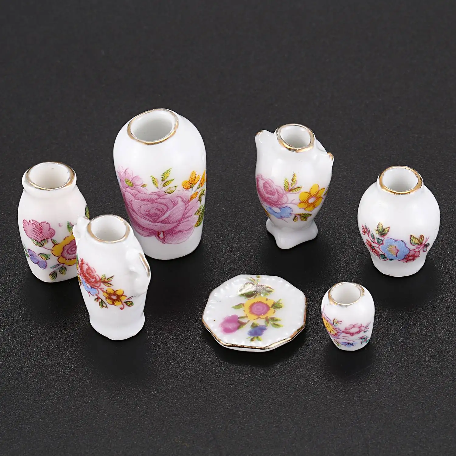 B05C-Dollhosue Florero de rosas de porcelana moderna en miniatura, 7 Uds.