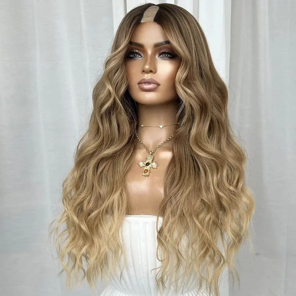 Lange, gewellte, braune, blonde Ombre-Perücken, 1x4-Größe, U-Part-Perücken, ohne Klebstoff, maschinell hergestellt, verstellbar, V-Part-Perücken, aus Remy-Echthaar, einfache Anwendung. – Detail 3