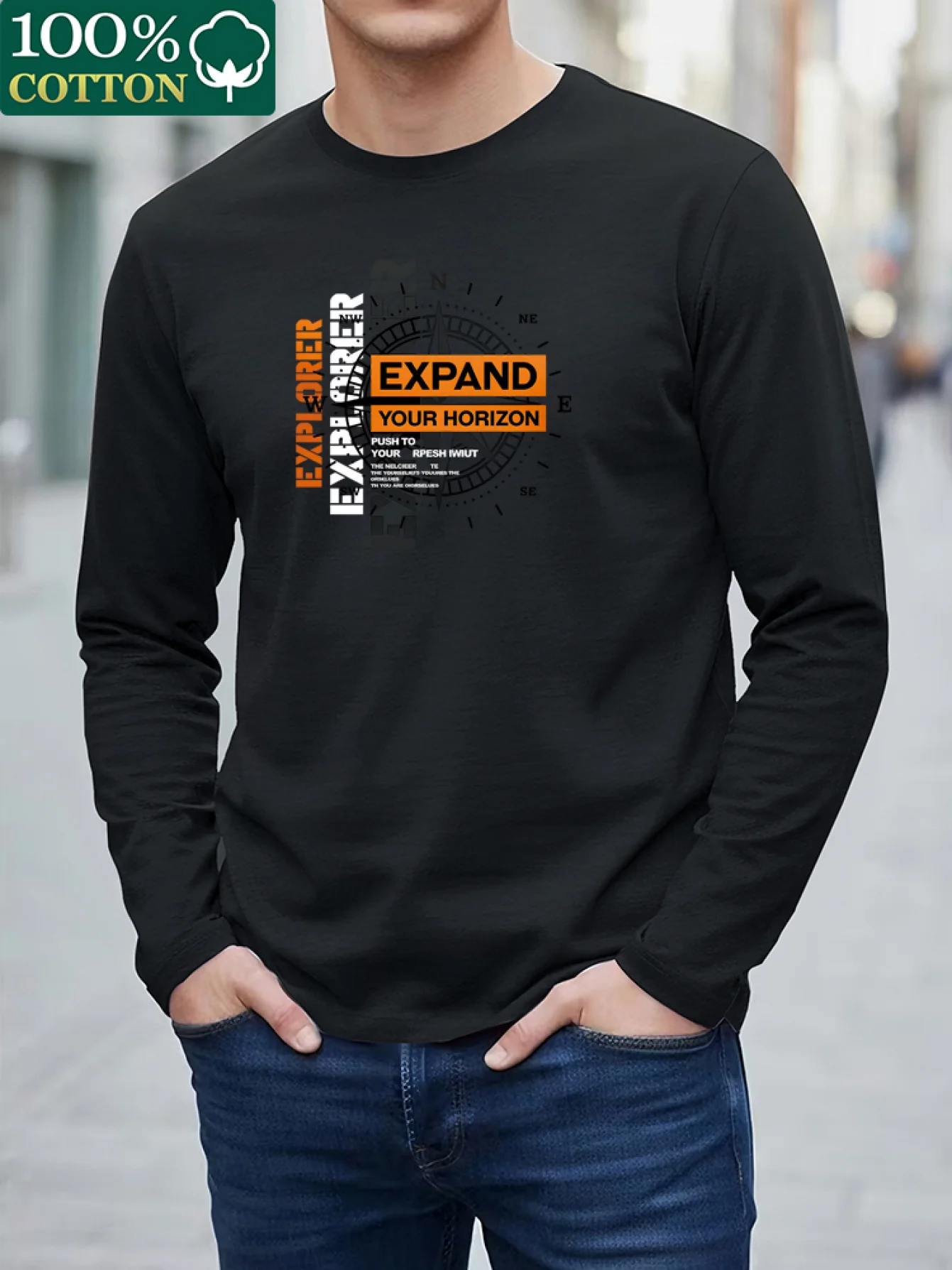 Image 4: T-shirt à manches longues pour hommes, 100% pur coton, col rond, motif d'explorateur, imprimé, décontracté, polyvalent