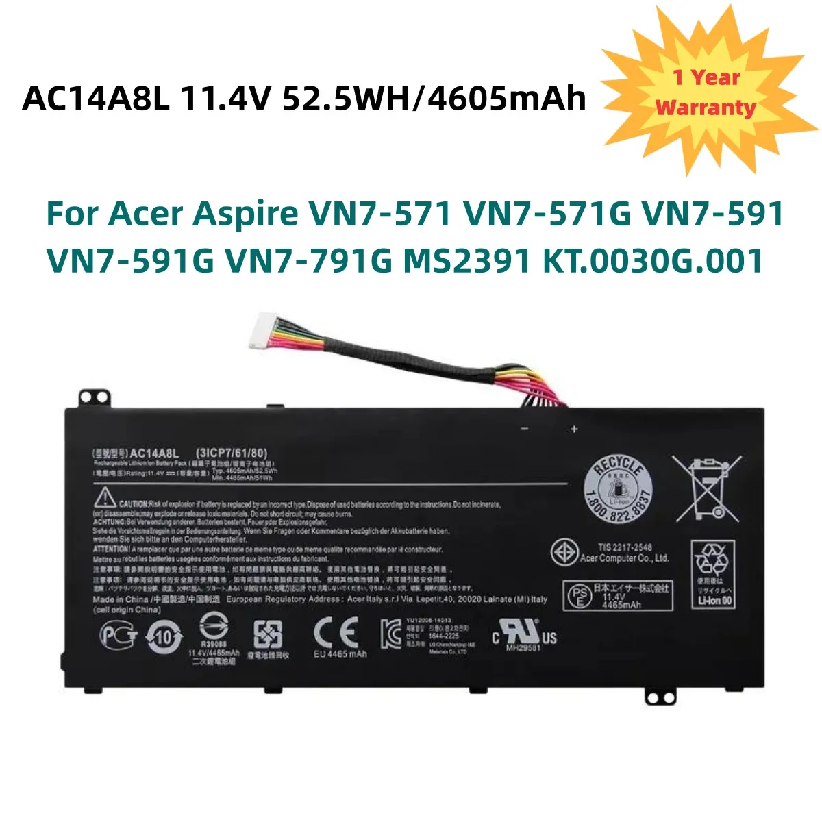 AC14A8L 11.4V 52.5WH Laptop Battery For Acer Aspire VN7-571 VN7-571G VN7-591 VN7-591G VN7-791G MS2391 KT.0030G.001 11.4V 4605mAh