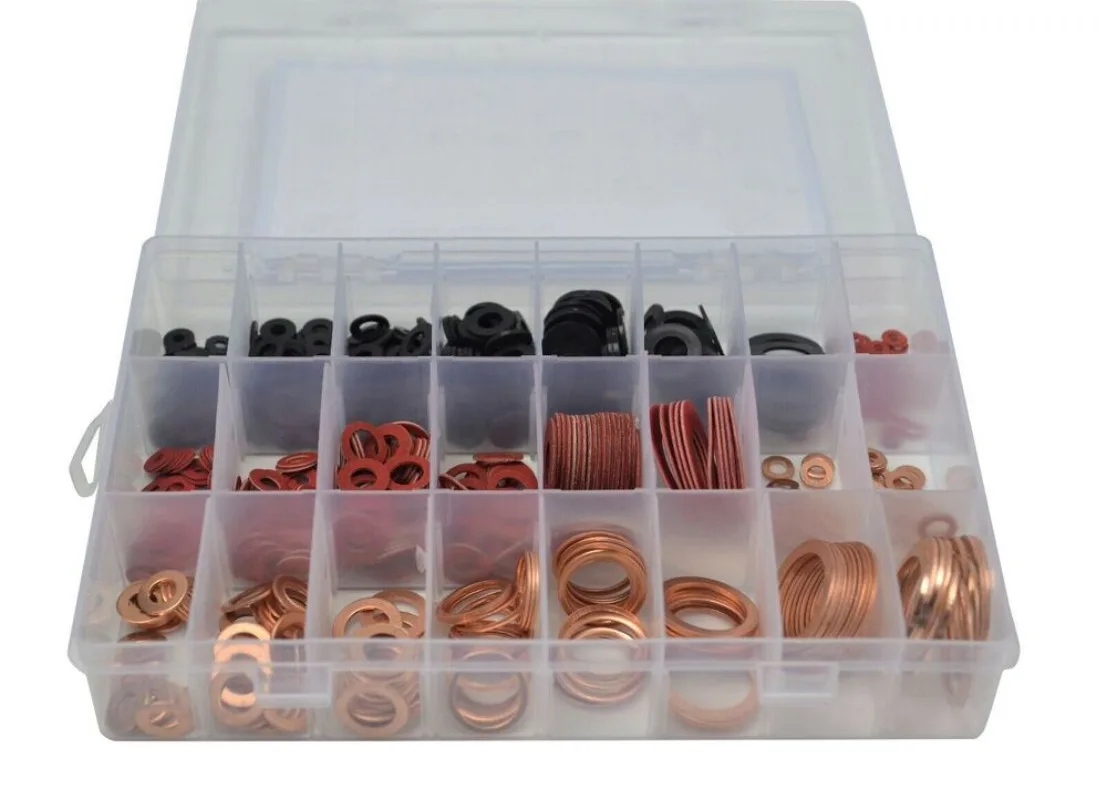 

680pcs Gasket Washer Assortment Boxed Kit Nylon Red Steel Paper Purple Copper Spacer Washer Hydraulic Fittings Combination