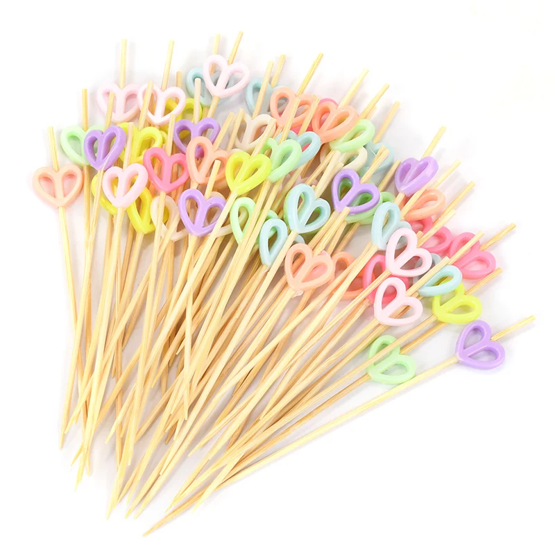 100pcs Disposable Heart Cocktail Toothpicks Food Fruit Drink Appetizer Skewer Dessert Salad Bamboo Pick Wedding Party Supplies