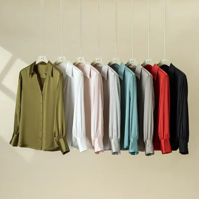 Stretch Crepe Satin Women Shirt 100% Silk Shirt Women's Spring V-neck Satin Long-sleeved Satin Blouse Mulberry Silk Shirt