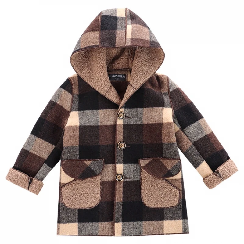 

Fall Winter Fleece Jackets for Boy Trench Children's Clothing 2-10 Years Hooded Warm Plaid Outerwear Windbreaker Baby Kids Coats