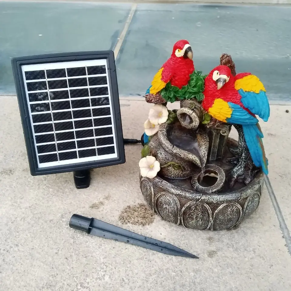 customize resin Solar-powered Garden  Parrot Desktop Solar Water Fountain