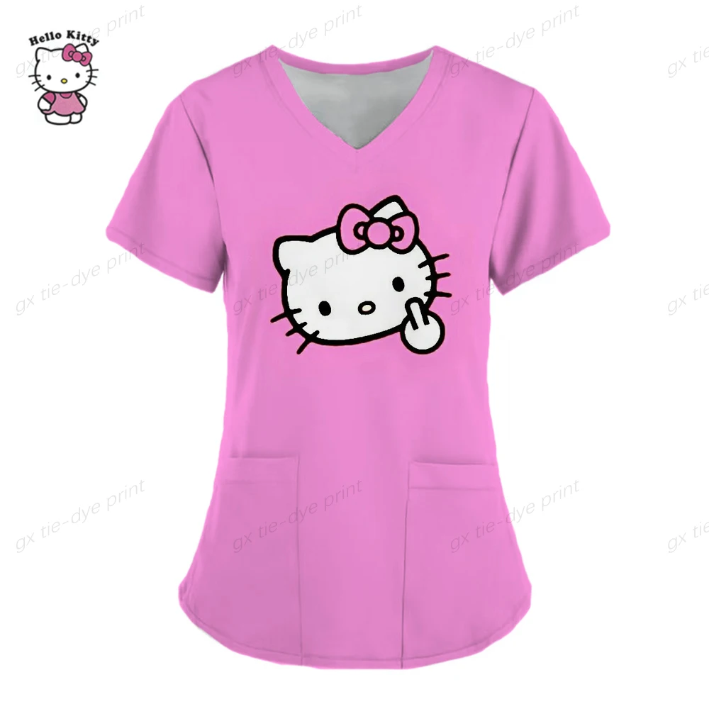 Women Short Sleeve Scrub Tops Hello Kitty Print Nurse Uniform V-Neck Pocket Care Workers T-Shirt Tops Clinic Working Clothing