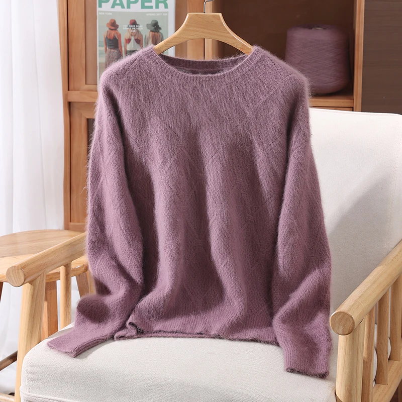 Cozy Autumn Winter 100% Mink Cashmere Women Sweater Mock-Neck Pullover Diamond Hollow Jacquard  Long Sleeve Warm Clothing Tops