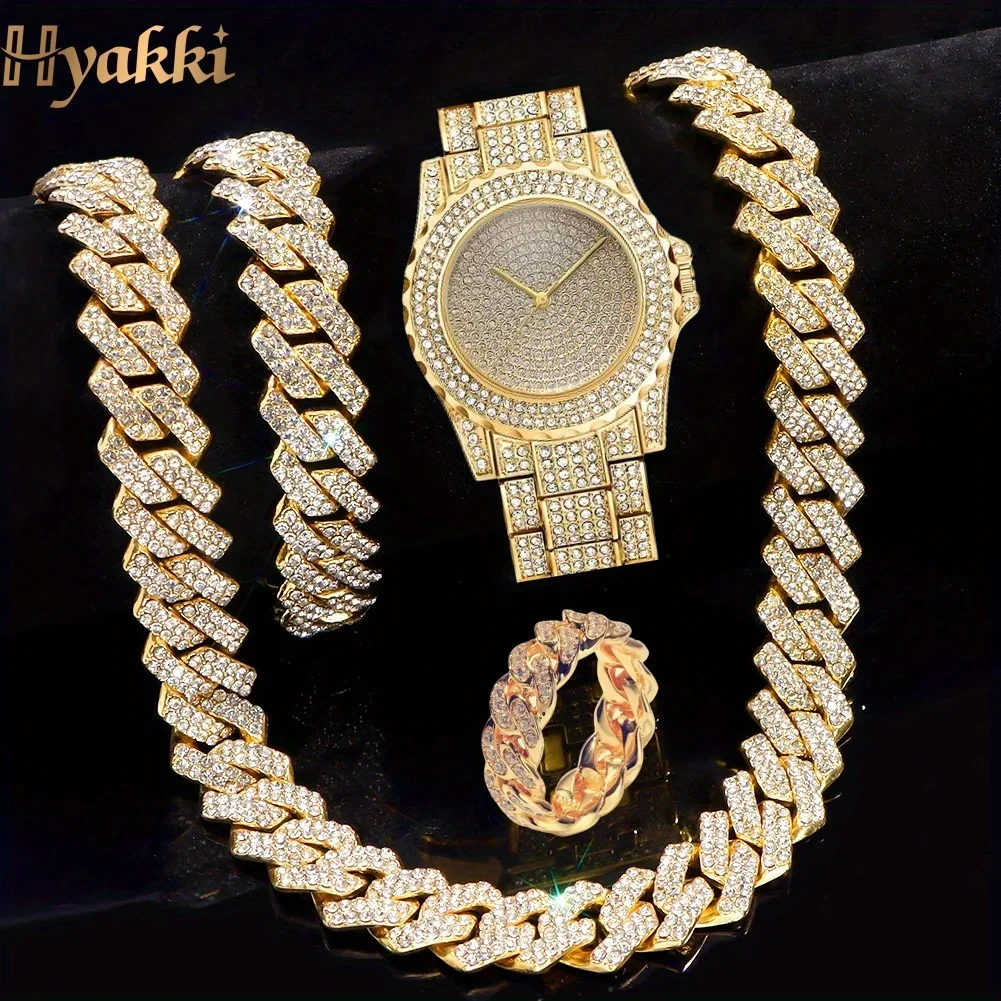 4 pieces/1 piece, shiny Hyakki men's rhinestone jewelry set - electronic quartz watch, stylish alloy case,
