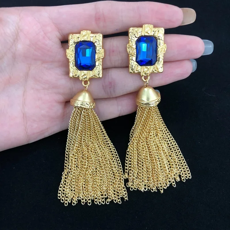 Long Tassels Clip Earrings for Women Gold Plated Palace Style Gemstones Jewelry Vintage Fashion Pendientes Mujer