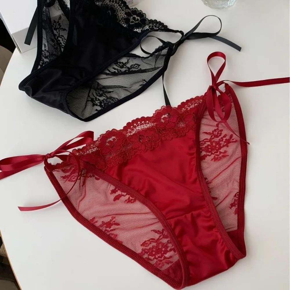 Thin Seamless Lace Flower Panties Transparent Mesh Lace-up Briefs Mid Waist Women Underwear Gifts