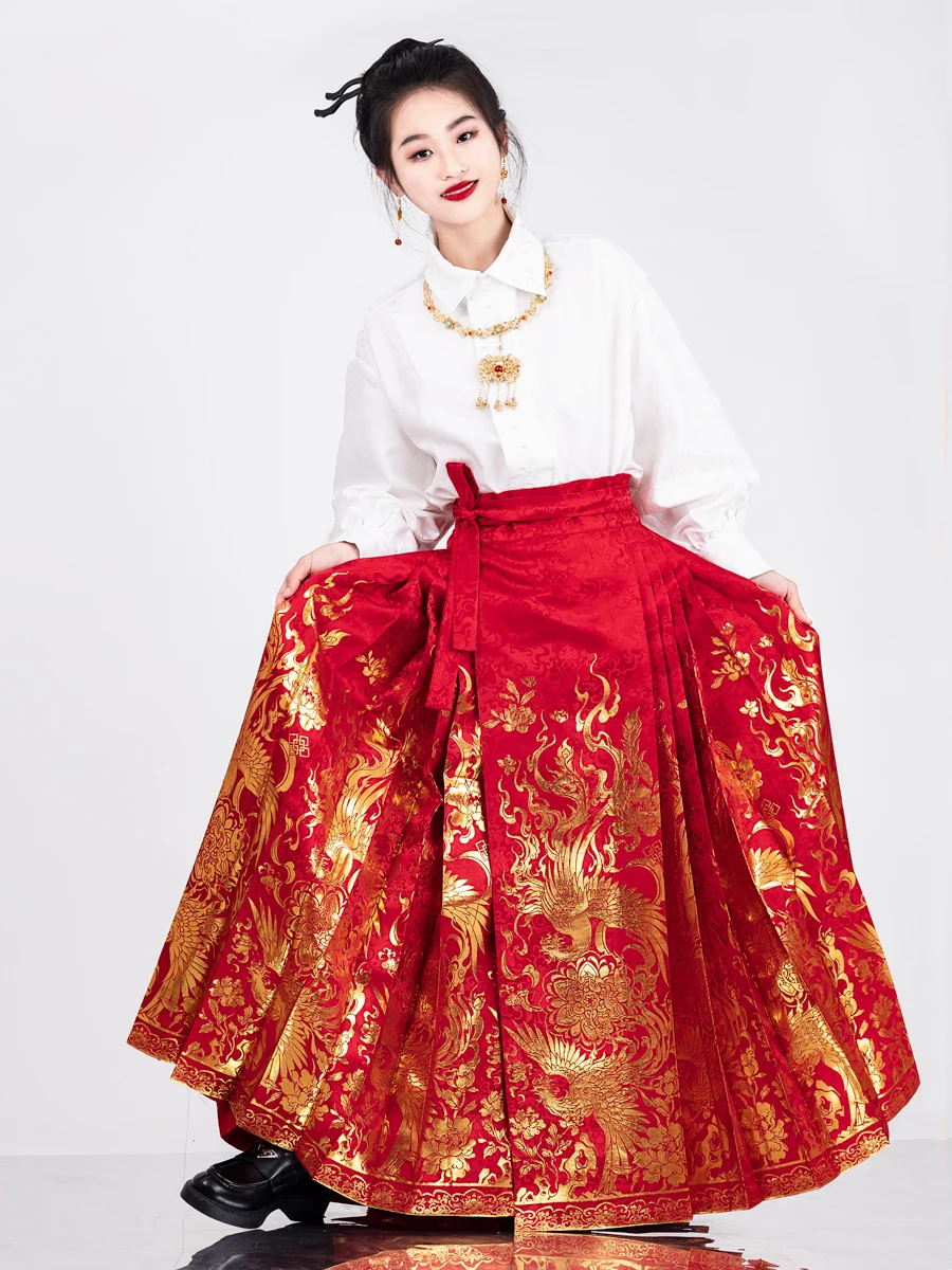 HANFU Horse faced skirt red Dragon and Phoenix Woven gold satin Jacquard fabric for Making Chinese retro skirts