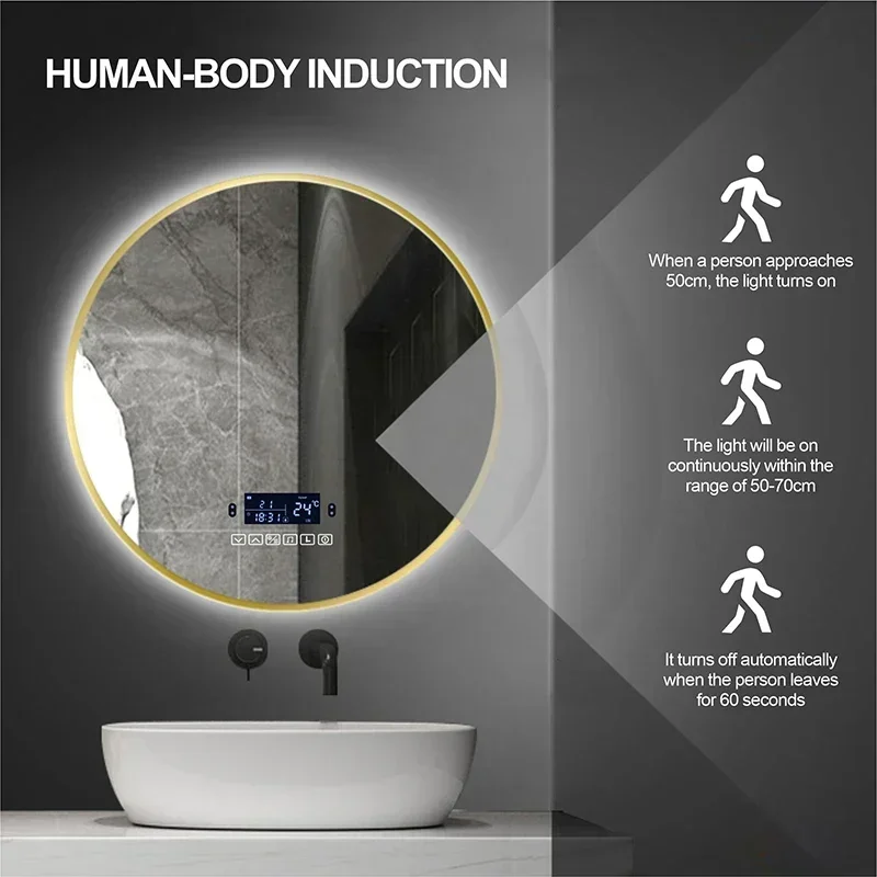 Round Black Frame LED Smart Bathroom Makeup Mirror With Bluetooth Body Induction Defogging 3 Color Light Cosmetic Mirror