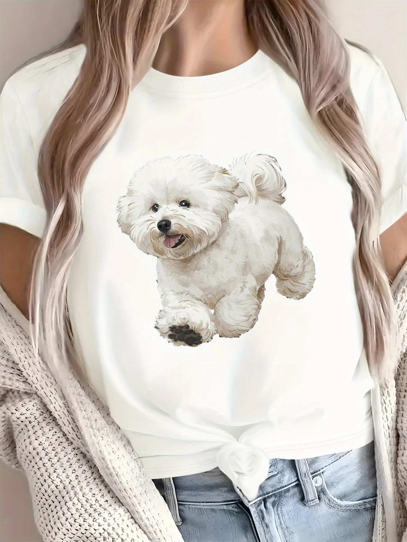 Camiseta blanca con estampado de Bichon Frise para mujercamisetas غير الرسمية suaves y transpirables de Color sloido para Todos #2