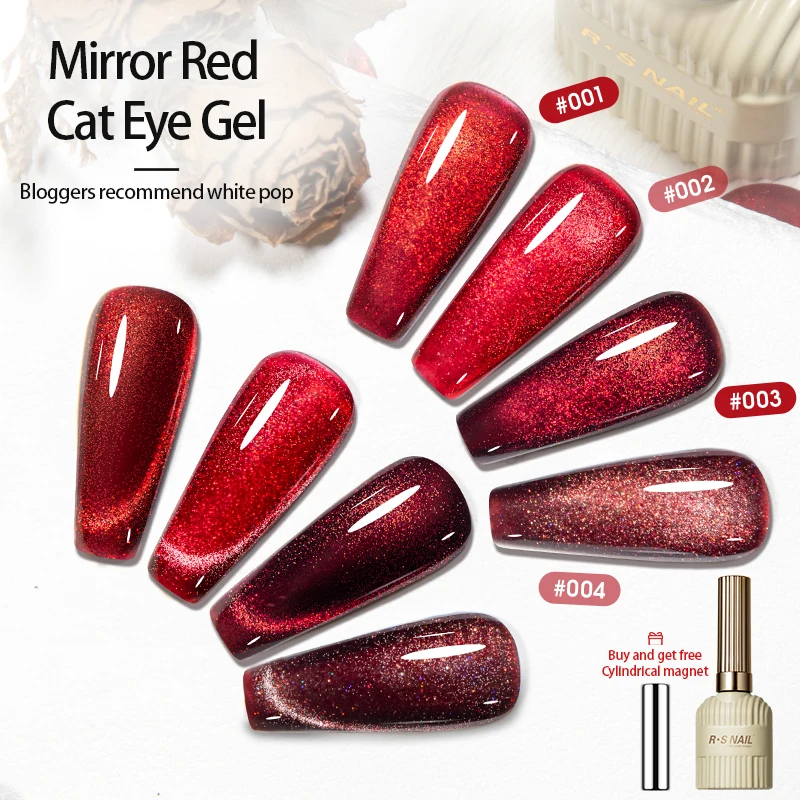 RSNAIL 10ml Cherry Ruby Red Cat Eye Gel Nail Polish Red Wine Magnetic Gel Polish Soak Off UV LED Glitter Cateye Nail Varnish Gel